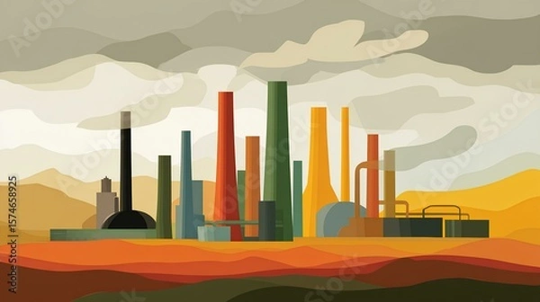 Fototapeta Colorful industrial landscape illustration featuring various factory structures with smokestacks, representing modern manufacturing and environmental impact.