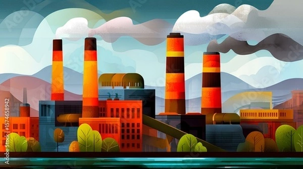 Fototapeta Bright and bold depiction of an industrial site with various structures and smoke clouds, representing production and its environmental footprint.
