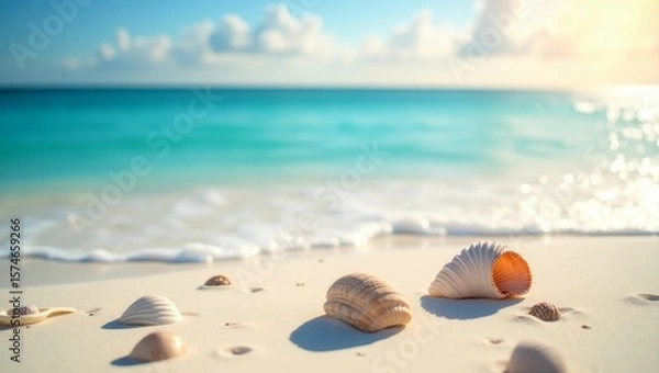 Fototapeta A serene scene of seashells placed on soft sandy beach, with the sun glinting off the surfaces