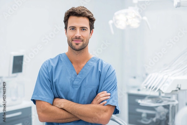 Obraz Confident dentist stands in clinic with arms crossed. Healthcare concept. For ads, web, banners.