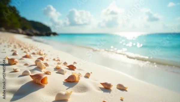 Fototapeta A serene scene of seashells placed on soft sandy beach, with the sun glinting off the surfaces