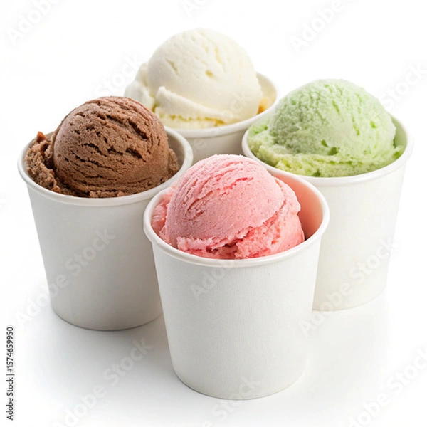 Fototapeta Different flavors of scoops in cups, including chocolate and pistachio, for a cool and refreshing treat.