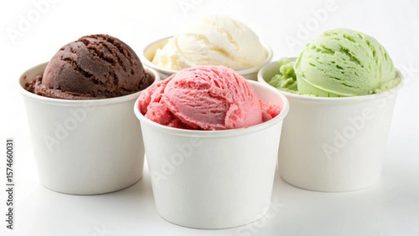Fototapeta Assorted ice cream scoops in paper cups, showcasing different flavors like chocolate, strawberry, and pistachio.