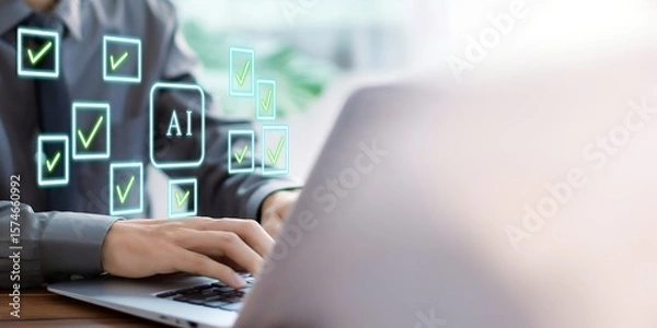 Fototapeta A person using laptop with approved AI symbol on virtual screen for check mark AI.