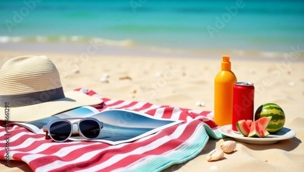 Fototapeta Clean ocean waves breaking on white sand beach with overhead view of a relaxing beach scene, including sun glasses, sun hat and coke with magazine