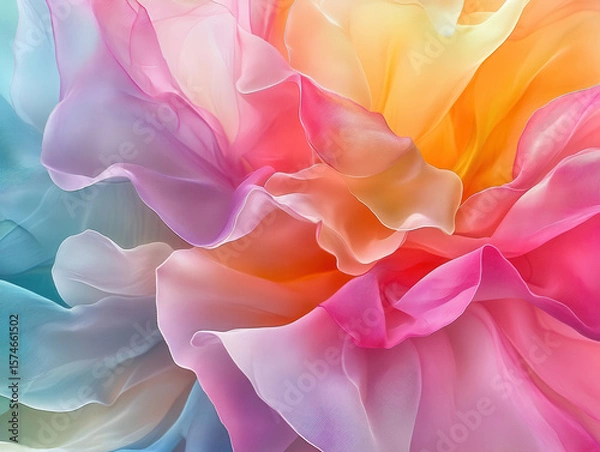 Fototapeta Vibrant abstract image featuring colorful, flowing fabric like textures in shades of pink, orange, yellow, and blue, creating soft and dreamy effect
