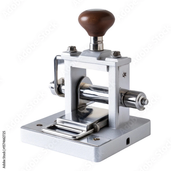Fototapeta White manual press machine tool for craft die cutting. precise stamp and cutout equipment with wooden handle on background
