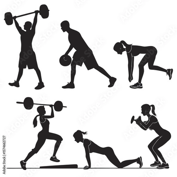 Fototapeta Diverse people in silhouette lift weights, dribble, and perform calisthenics in monochrome set against transparent background