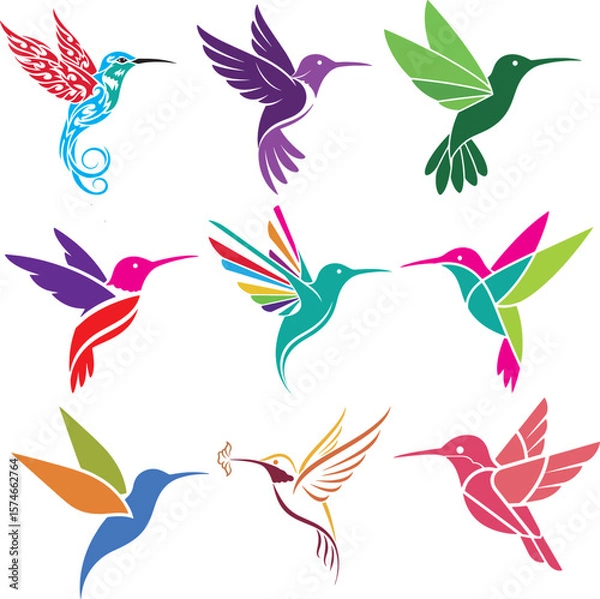 Fototapeta Set of Nine Colorful Stylized Hummingbird Vector Illustrations for Logos, and Icons