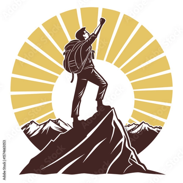 Fototapeta Hiker on a mountaintop raises his hand in victory as he conquers nature's challenge