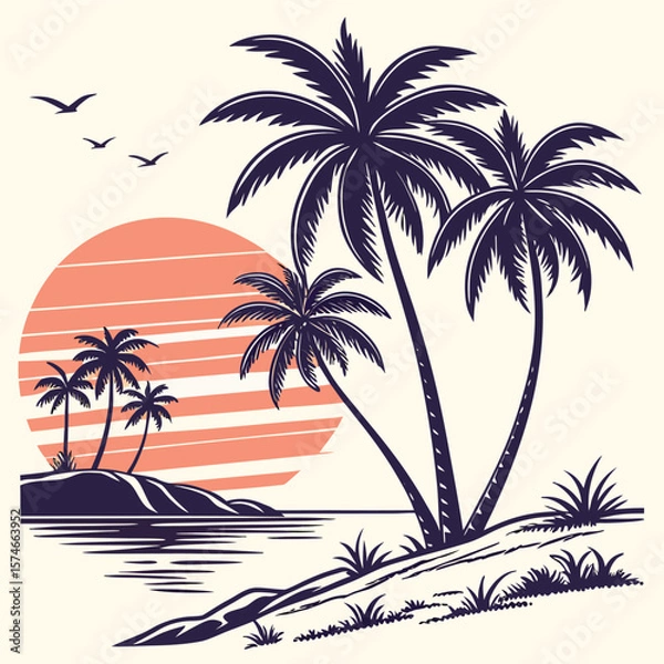Fototapeta Palm trees stand near ocean against a sunset in this attractive monochrome scene