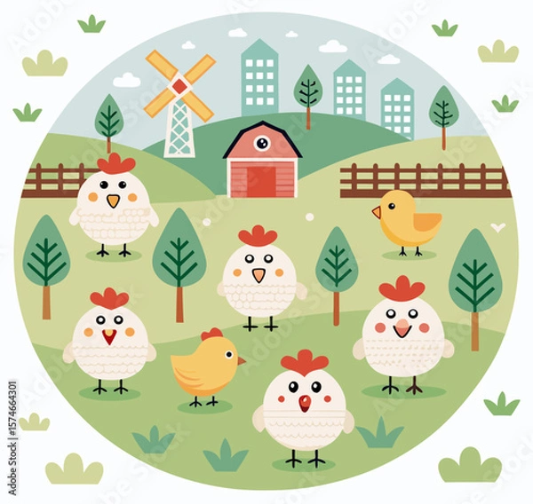 Obraz Hens and Chickens. Farm poster. Vector flat illustration.
