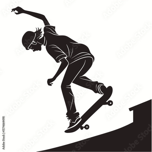 Fototapeta Silhouette shows skater performing a trick while wearing helmet and glasses on white background