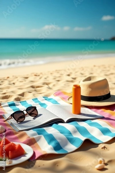 Fototapeta Overhead view of a relaxing beach scene, including sun glasses, sun hat and coke with magazine