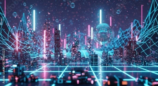 Fototapeta Cyberpunk Cityscape with Neon Lights and Digital Grids