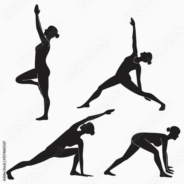 Fototapeta Silhouetted woman demonstrates tree pose and various stretching exercises with graceful form and balance on transparent background