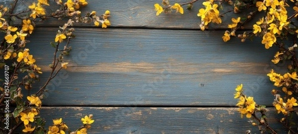 Fototapeta Floral border with spring bloom. Flat lay assorted flower border on wooden background. Template for greeting card, invitation, banner, copy space. 