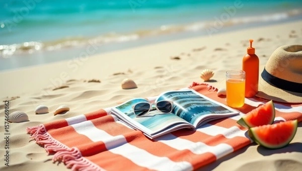 Fototapeta Overhead view of a relaxing beach scene, including sun glasses, sun hat and coke with magazine