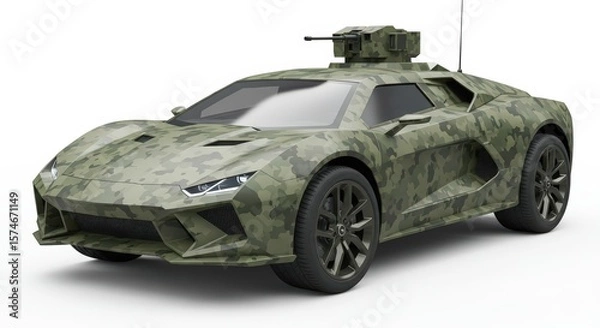 Obraz Camouflaged Supercar with Mounted Turret: A Futuristic Military Vehicle