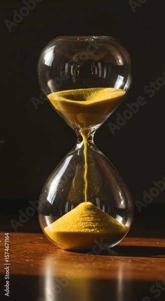 Fototapeta Close-up of gold sand grains flowing through an hourglass, symbolizing countdown, time pressure, and fleeting moments	
