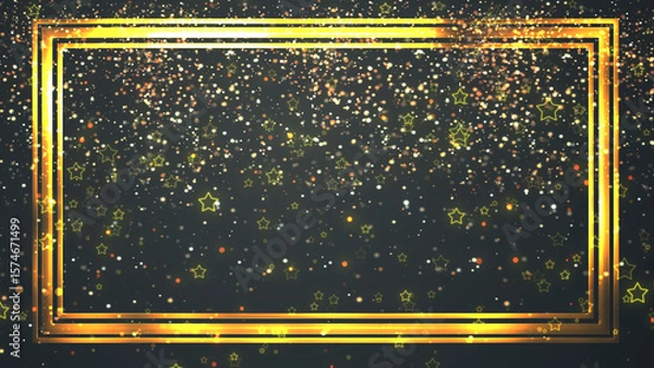 Fototapeta Golden rectangle frame shining with particle dust around it, magic fairy tail. Ornamental jewelery luxury gold elegant looking artistic frame. Royal glittering sparkling promo advertisement.