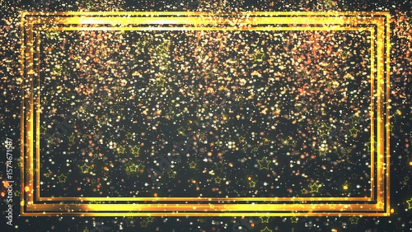 Fototapeta Golden rectangle frame shining with particle dust around it, magic fairy tail. Ornamental jewelery luxury gold elegant looking artistic frame. Royal glittering sparkling promo advertisement.