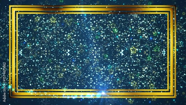 Fototapeta Golden rectangle frame shining with particle dust around it, magic fairy tail. Ornamental jewelery luxury gold elegant looking artistic frame. Royal glittering sparkling promo advertisement.