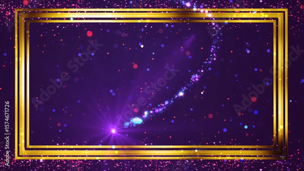 Fototapeta Golden rectangle frame shining with particle dust around it, magic fairy tail. Ornamental jewelery luxury gold elegant looking artistic frame. Royal glittering sparkling promo advertisement.