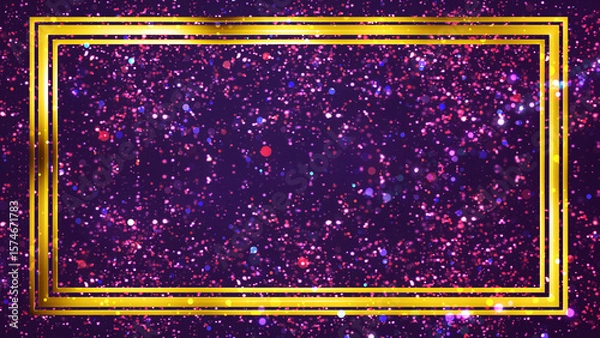 Fototapeta Golden rectangle frame shining with particle dust around it, magic fairy tail. Ornamental jewelery luxury gold elegant looking artistic frame. Royal glittering sparkling promo advertisement.