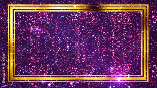 Fototapeta Golden rectangle frame shining with particle dust around it, magic fairy tail. Ornamental jewelery luxury gold elegant looking artistic frame. Royal glittering sparkling promo advertisement.
