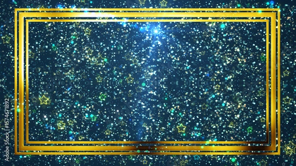 Fototapeta Golden rectangle frame shining with particle dust around it, magic fairy tail. Ornamental jewelery luxury gold elegant looking artistic frame. Royal glittering sparkling promo advertisement.