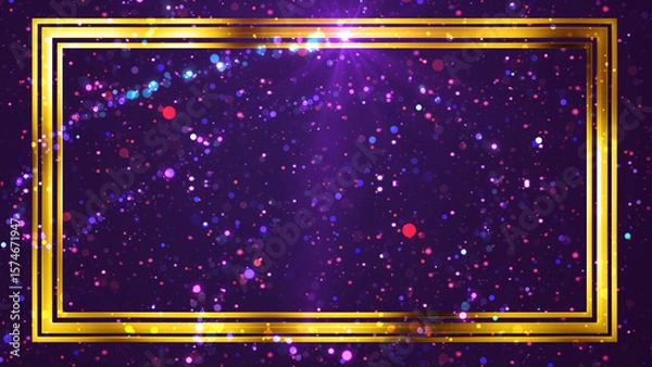 Fototapeta Golden rectangle frame shining with particle dust around it, magic fairy tail. Ornamental jewelery luxury gold elegant looking artistic frame. Royal glittering sparkling promo advertisement.