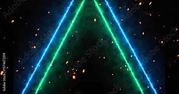 Fototapeta Neon lines moving along with fire dust ember rising from bottom, gate opening 3d simulation like bg. Glowing inspiration gates to freedom and eternal life. Concept for game, sci-fi movies, tv.