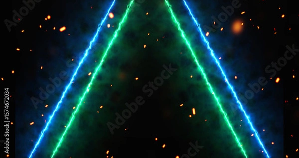 Fototapeta Neon lines moving along with fire dust ember rising from bottom, gate opening 3d simulation like bg. Glowing inspiration gates to freedom and eternal life. Concept for game, sci-fi movies, tv.