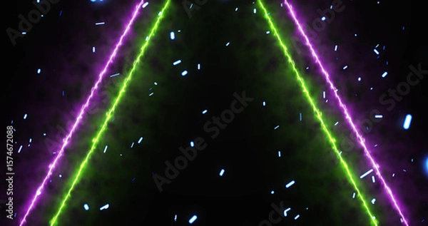 Fototapeta Neon lines moving along with fire dust ember rising from bottom, gate opening 3d simulation like bg. Glowing inspiration gates to freedom and eternal life. Concept for game, sci-fi movies, tv.