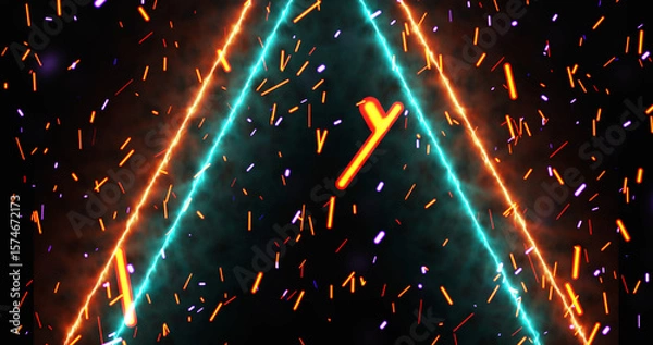Fototapeta Neon lines moving along with fire dust ember rising from bottom, gate opening 3d simulation like bg. Glowing inspiration gates to freedom and eternal life. Concept for game, sci-fi movies, tv.