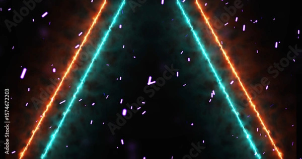 Fototapeta Neon lines moving along with fire dust ember rising from bottom, gate opening 3d simulation like bg. Glowing inspiration gates to freedom and eternal life. Concept for game, sci-fi movies, tv.