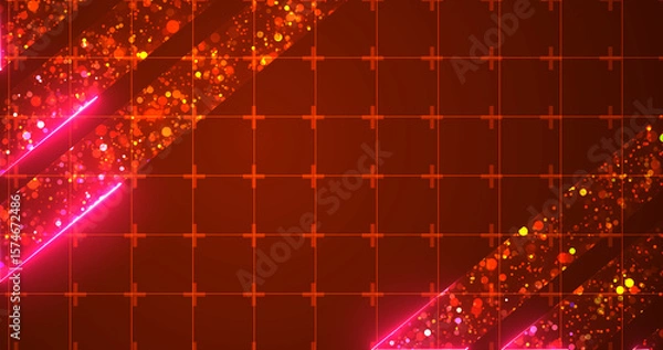 Fototapeta Royal luxurious majestic shiny particles with neon lines moving, award show bg. Golden stage ready for music concert ceremony, horizontal glamour backdrop. Victory winner announcement porduct bg