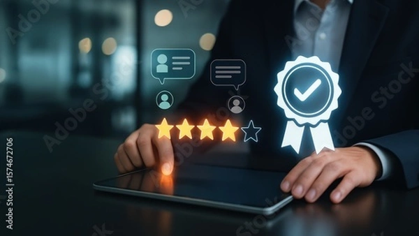 Fototapeta A businessman using digital tablet with review stars and feedback bubbles with glowing certification icon, showing production planning and control in action