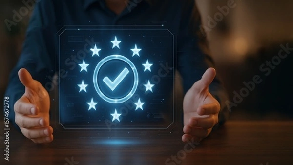 Fototapeta A businessman presents a virtual screen with glowing checkmark badge showing production planning and control in futuristic setting