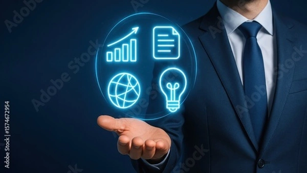 Fototapeta Businessman holding out hand with spinning holographic icons for growth, symbolizing digital success in production planning and control