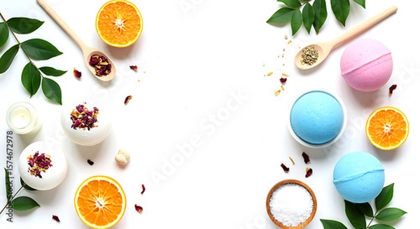 Obraz Bath bombs with orange slices and rose petals wooden spoon
