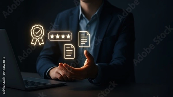 Fototapeta Businessman holding a glowing icons like checkmarks and stars, symbolizing digital success in production planning and inventory control