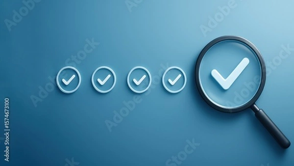 Fototapeta A white checkmark icons and one is enlarged under magnifying glass, symbolizing deep inspection, progress, and production planning focus