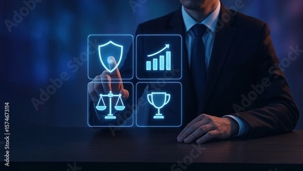 Fototapeta Businessman pointing on a glowing holographic icons like shields, graphs, and legal scales, symbolizing deep inspection, progress, and production planning focus