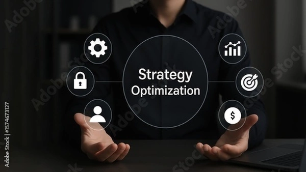 Fototapeta Businessman hands toward floating icons of data and finance with central text strategy optimization, highlighting validation, analysis, and production planning concept
