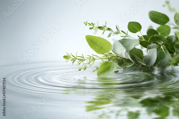 Fototapeta Fresh green herb leaves with water ripple effect on smooth surface creating calm and natural atmosphere with soft light and reflection