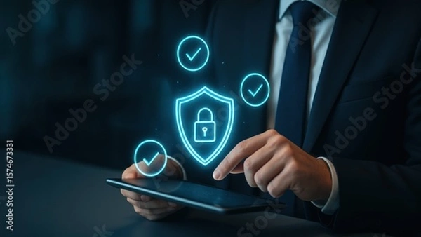 Fototapeta Businessman useing a tablet with floating shield and file icons glowing above, representing digital security and production planning and control