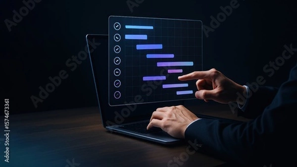 Fototapeta Businessman interact with glowing gantt chart above laptop in dark office, symbolizing task tracking and production planning and control efficiency