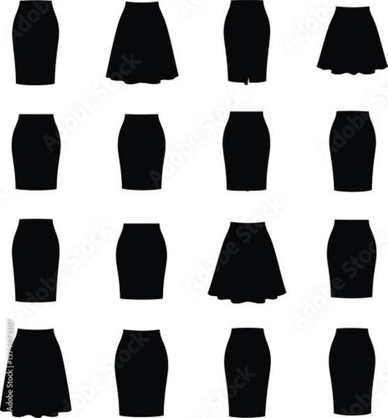 Fototapeta Vector illustration set of women's skirt silhouettes, showcasing diverse styles like pencil, A-line, and flared designs, ideal for fashion, apparel, and wardrobe concepts on white background.